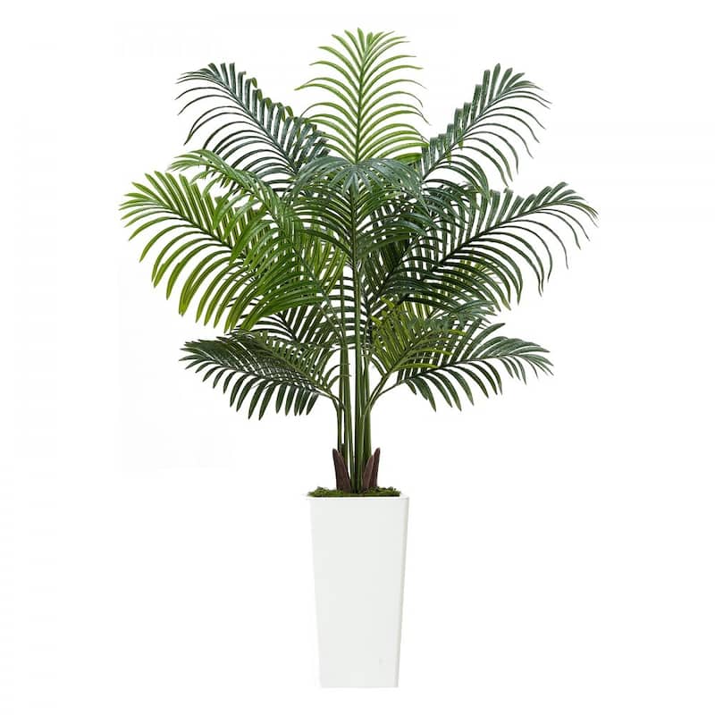Green Lifelike Faux Areca Palm Tree with Moss-Covered Planter for Indoor Plant Decoration