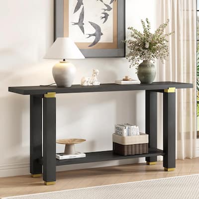 62.9" Modern Minimalist Console Table, Solid Wood Entryway Sofa Table with Metal Accents and Built-in Shelf