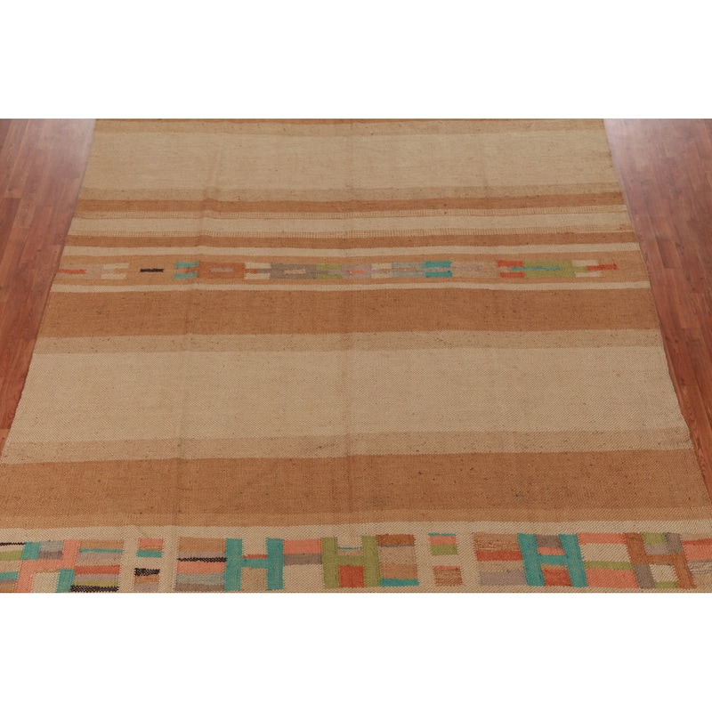 Hand Woven Oriental 100% Jute Carpet Modern Stripe Multi-Colored Kilim Area Rug - 12' 0'' X 8' 10''