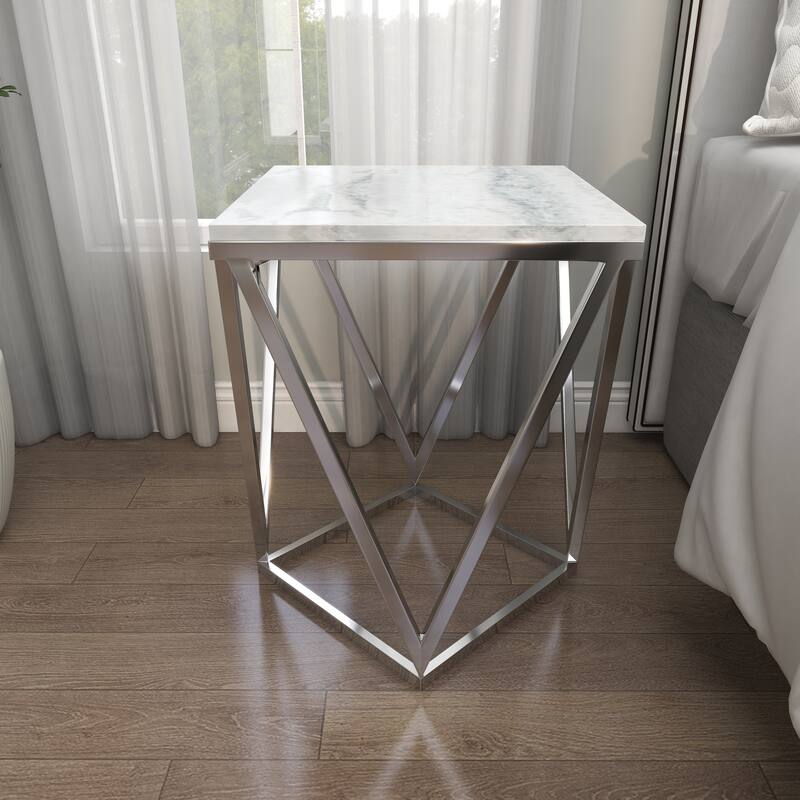 Silver Stainless Steel Accent Table with Marble Top - 18 x 18 x 21