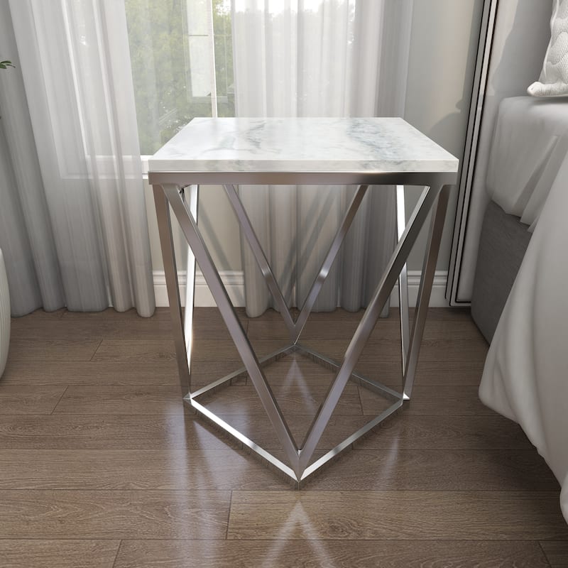 Stainless Steel Metal Geometric Accent Table with Marble Top - Silver - Roche River Decor