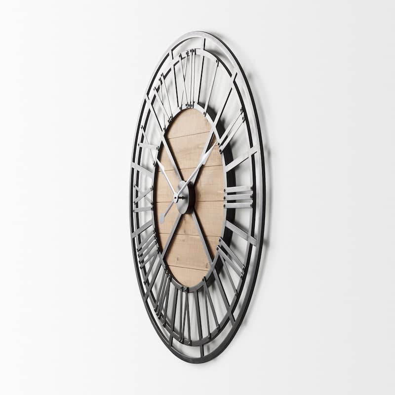 Lewiston Black Iron With Brown Wood 42" Round Wall Clock - 42.1"W x 2.5"D x 42.1"H