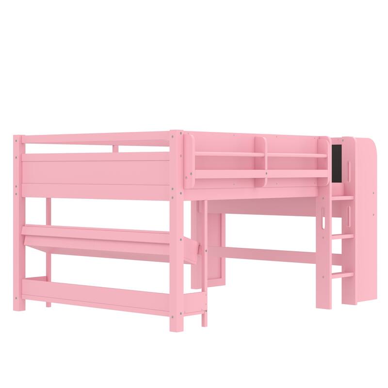 Low Solid Wood Loft Bed with Bookcase, Desk, Drawers and Storage Boxes