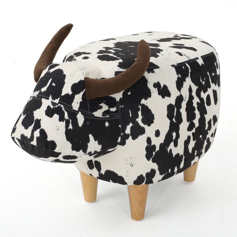Christopher Knight Home Bessie Patterned Velvet Cow Ottoman, Black And White Cow Hide