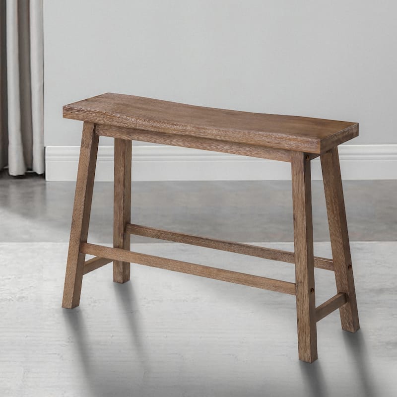 33 Inch Saddle Seat Bench with Angled Frame, Sandblasted Antique Brown Acacia Wood