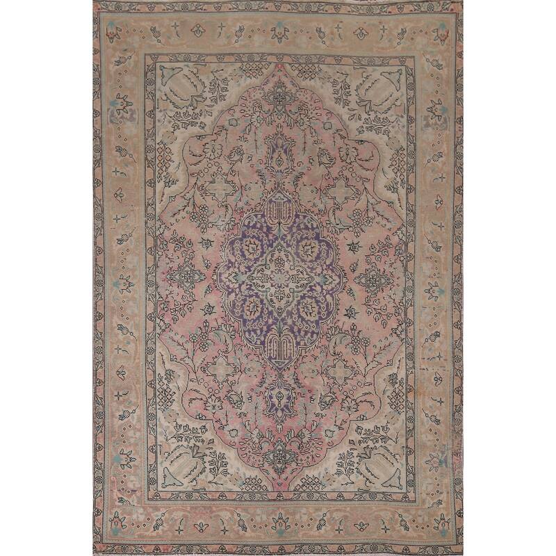 Pink Tabriz Vintage Persian Area Rug Handmade Wool Carpet - 6'9" x 9'3"