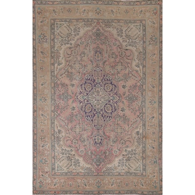 Pink Tabriz Vintage Persian Area Rug Handmade Wool Carpet - 6'9" x 9'3"