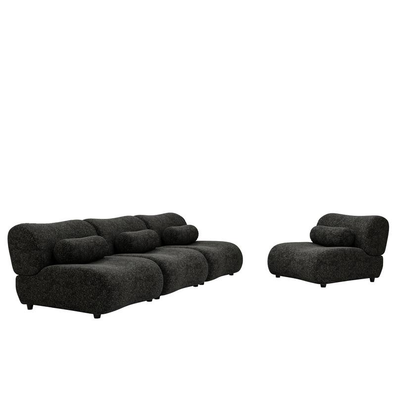 Chenille Modular 4-Seater Sectional Sofa Set with Cylindrical Pillows and 70° Reclined Backrest