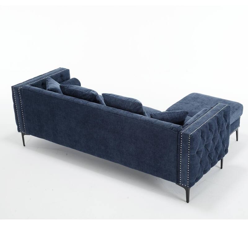 85" L-Shaped 4-Seater Sectional Sofa with Convertible Storage Ottoman, Pillows, Solid Wood Frame, and Modern Tufting