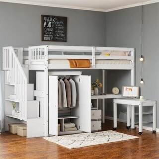 Twin Size Loft Bed with Stairs, Bookshelf, Drawers, Desk & Wardrobe