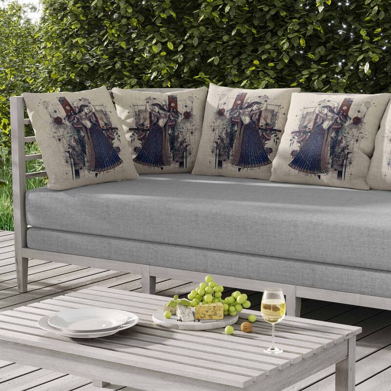 Gracefully Dancing Woman Indoor/Outdoor Reversible Throw Pillow Beige and Blue