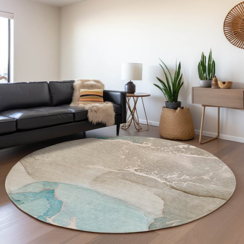 Premium Washable Super Soft Abstract Flow Contemporary Mayfield Rug - Teal - 8' x 8' - Round