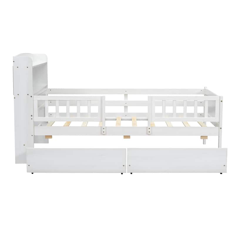 Roomfitters Wood Twin Platform Bed with Multi-Functional Headboard, Lighting, Guardrail and Storage, White