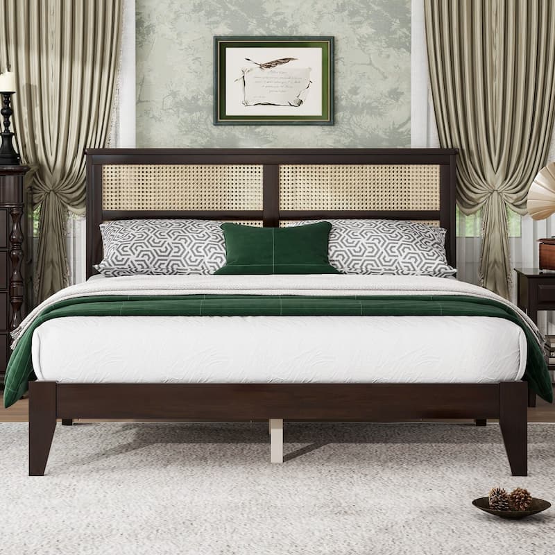 Queen Size Solid Wooden Platform Bed with Rattan Headboard