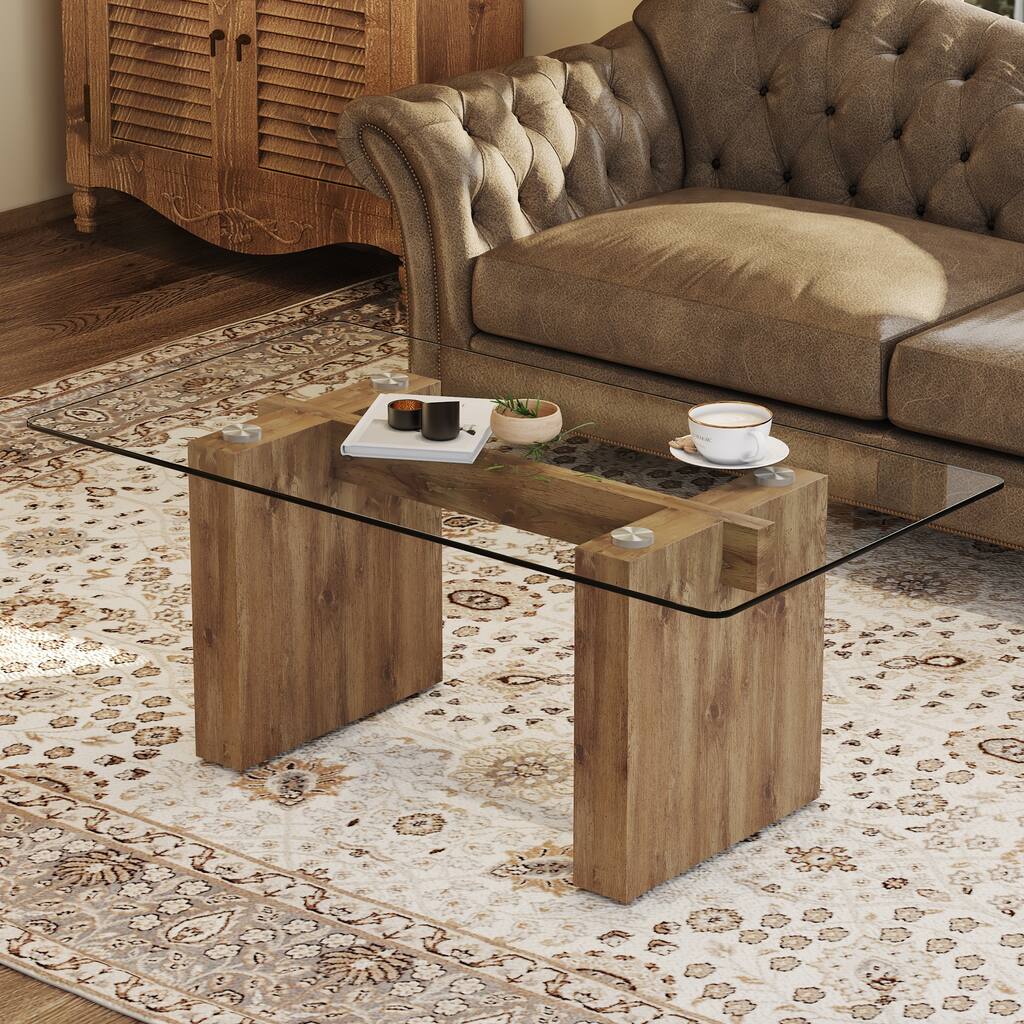 Modern Tempered Glass Coffee Table with MDF Columns