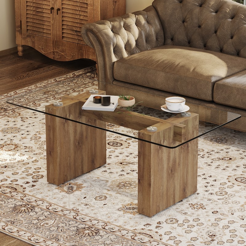 Modern minimalist transparent tempered glass coffee table and dining table, paired with wooden MDF