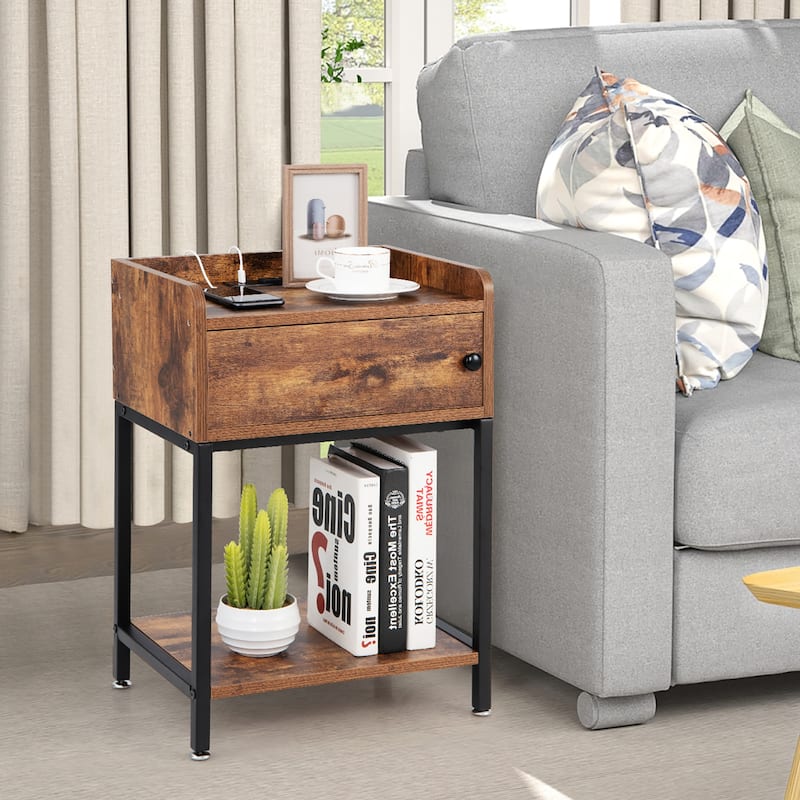 Costway Nightstand W/ Charging Station Sofa Side Table Storage Cabinet - See Details