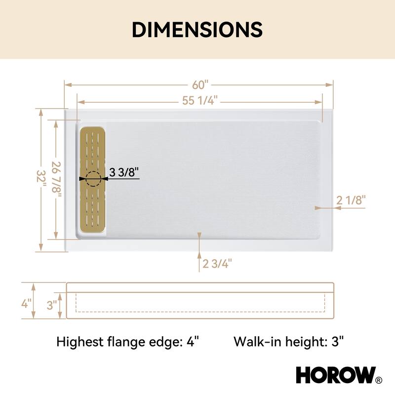 HOROW 60 x 32 Inch Alcove Shower Pan Base in White with Left Drain - Left Drain Location