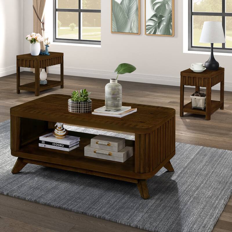 Rectangular Living Room Coffee Table Set, 3-Piece Living Room Table Set with Solid Wood Legs, 1 Coffee Table and 2 End Table - Walnut