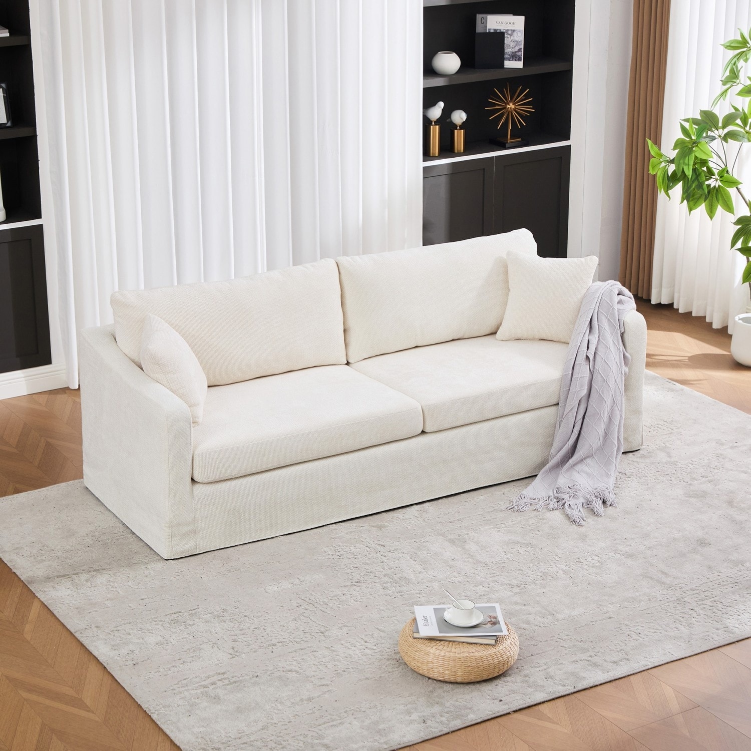 86.61" Chenille Upholstered 2-Seater Sofa with Pillows