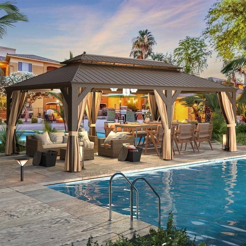 Outdoor Hardtop Gazebo with Galvanized Steel Double Roof & Aluminum Frame, Outdoor pergola with Premium Curtains and Nettings
