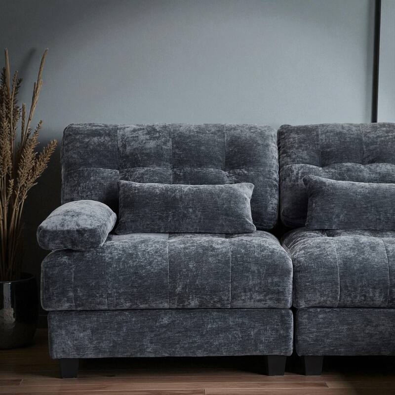 119" 4-Seater Chenille Sofa with 2 Ottomans, 4-Position Adjustable Backrest, 4 Pillows and Easy Assembly for Living Room