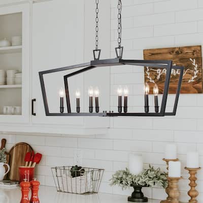 Rella 37-inch Modern Black Gold Candle Linear Chandelier Geometric 8-light Kitchen Island Pendant Boxy X Frame Cage Lights
