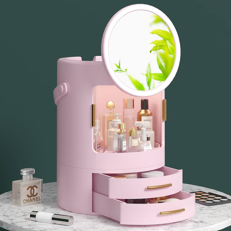 Pink Makeup Organizer Bathroom Medicine Organizer Cosmetic Display Cases with Led Mirror for Dresser, Vanity Countertop