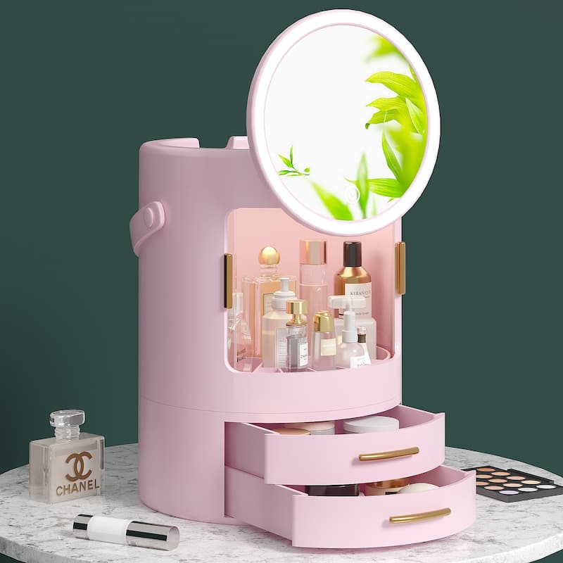 Makeup Organizer Bathroom Medicine Organizer Cosmetic Display Cases with Led Mirror for Dresser, Vanity Countertop - Pink