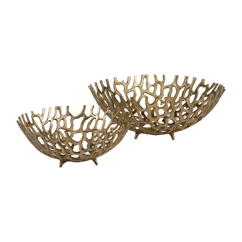 Set of 2 Metal Trays Contemporary Abstract Glam Cut-Out Trays in Metallic Gold 14" and 16" Aluminum Decorative Bowl