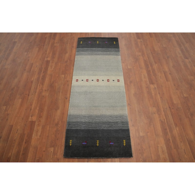 Hand Knotted Oriental 100% Wool Carpet Tribal Animal Pictorial Greys & Charcoal Gabbeh Runner Rug - 6' 5'' X 2' 4''