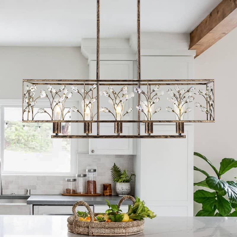 Starsky Farmhouse 5-light Crystal Rectangle Linear Chandelier for Dining Room with UL Certified - Vintage Bronze