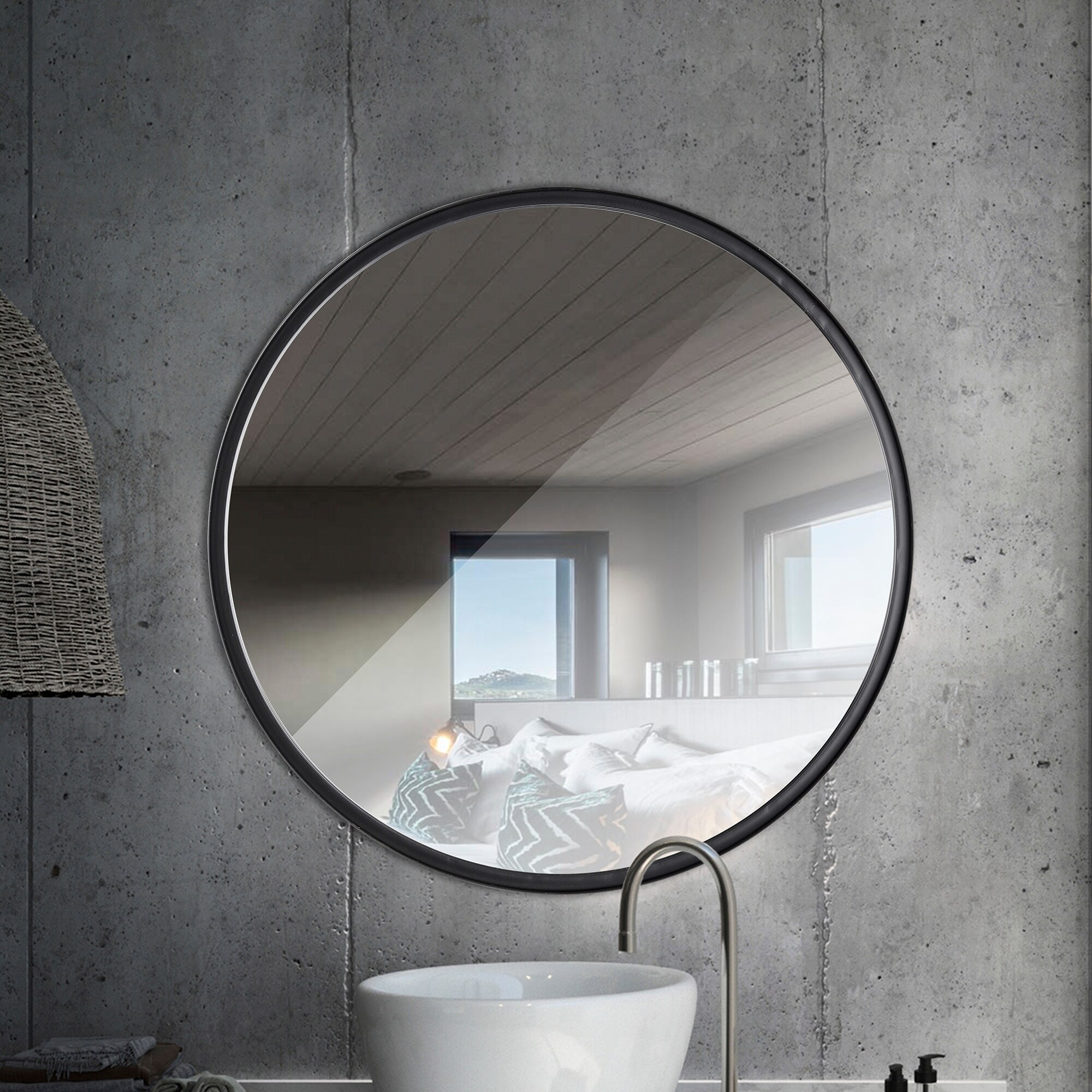 Black 24 in. W x 24 in. H Round Iron Framed Modern Accent Mirror - 24 in. W x 24 in. H x 1.5 in. D