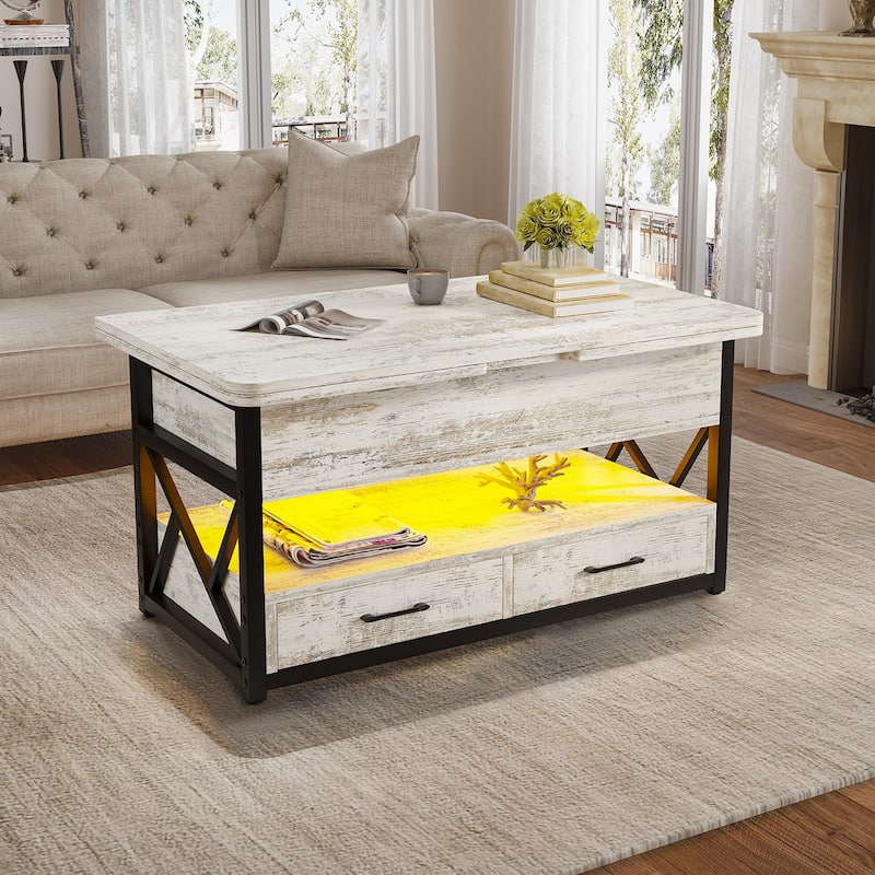 Coffee Table Lift Top 2 Drawers Hidden Compartment for Living Room