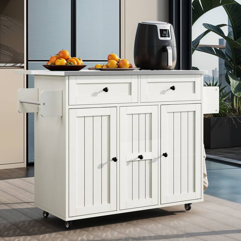 Moasis Wooden Kitchen Island with Drop Leaf Rolling Cart Extra Large Work Surface and Storage Drawers Towel Spice Rack - White - Portable