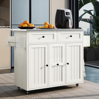 Moasis Wooden Kitchen Island with Drop Leaf Rolling Cart Extra Large Work Surface and Storage Drawers Towel Spice Rack