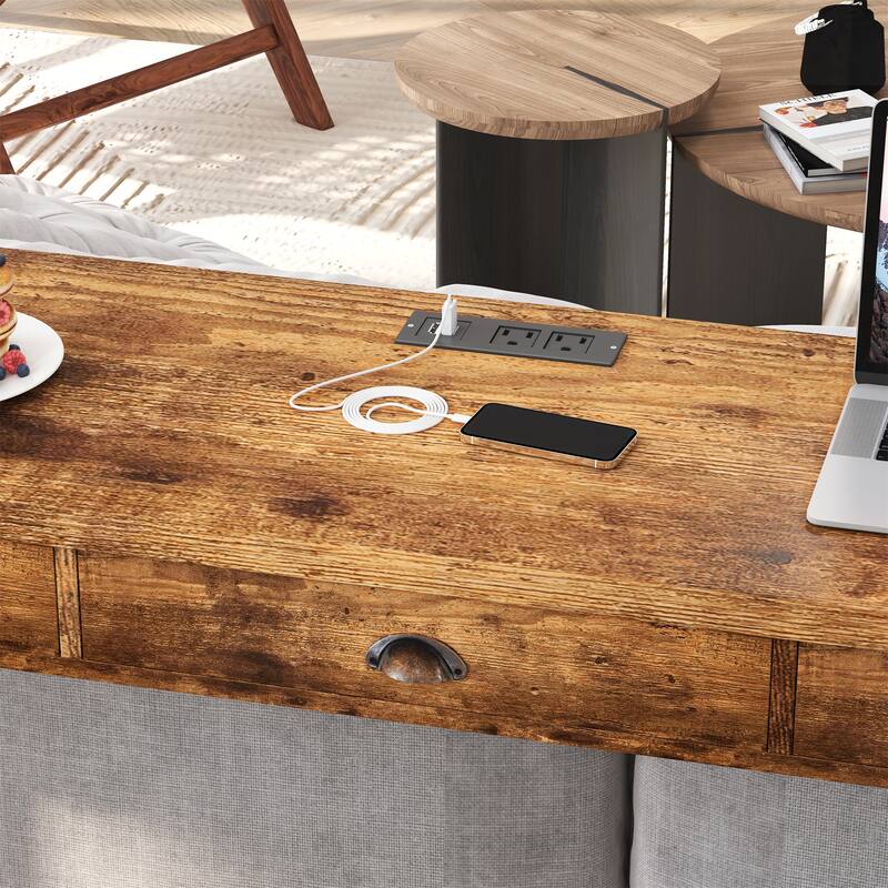 4-piece Pub Table Set with PU Leather Stools and Power Outlets