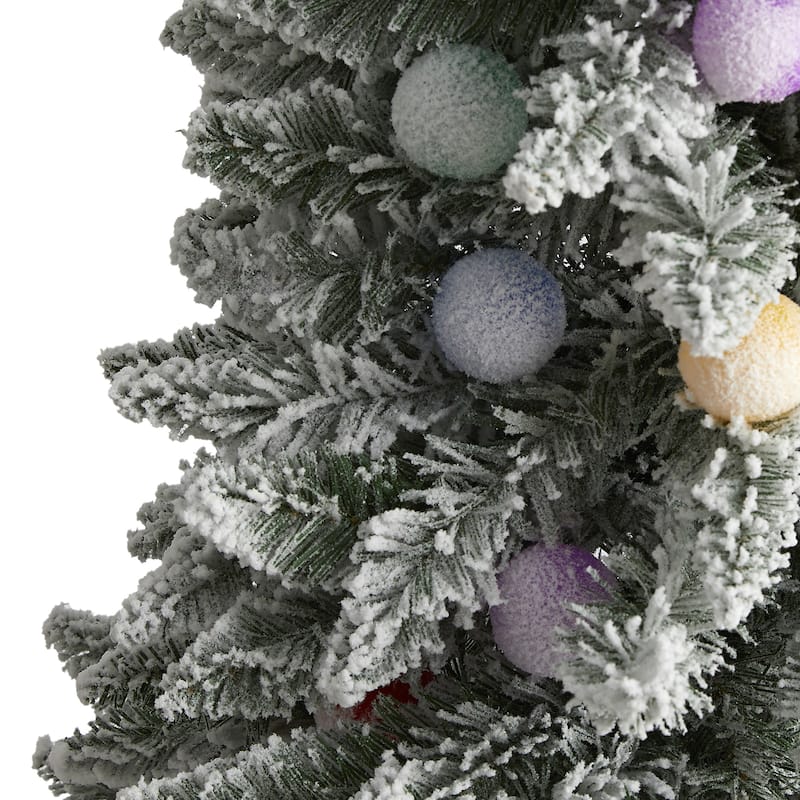 5ft. Flocked Fir Artificial Christmas Tree with 50 Multi-Color Globe Bulbs and 379 Branches - Playful X-Mas Accent Tree