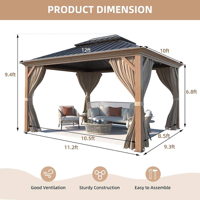 Outdoor Galvanized Steel Roof Gazebo Pergola w Wooden Coated Alumninum Frame, Privacy Curtains and Nettings Include