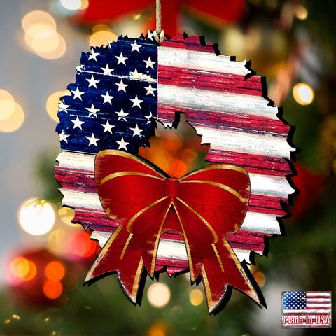 Set of 2 American Flag Wreath Ribbon Wooden Christmas Ornaments 5.5"