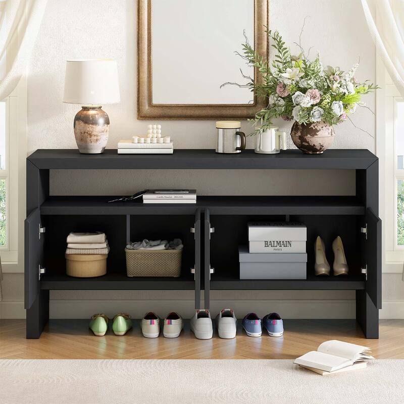 Modern Minimalist Sideboard with Open Shelf, ffering Large Capacity Storage