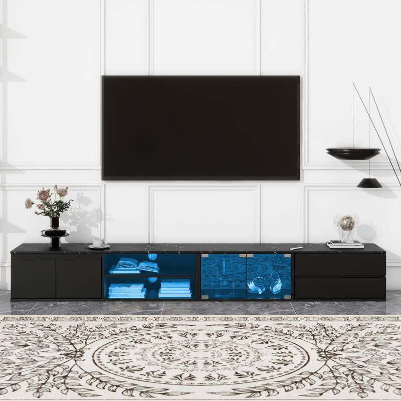 Faux Marble TV Stand with LED Lights for TVs up to 105", Tempered Glass Doors & 2 Drawers, APP Controlled Media Console