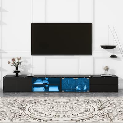 LED TV Stand for 90+ Inch TVs, Faux Marble Media Console with Glass Doors