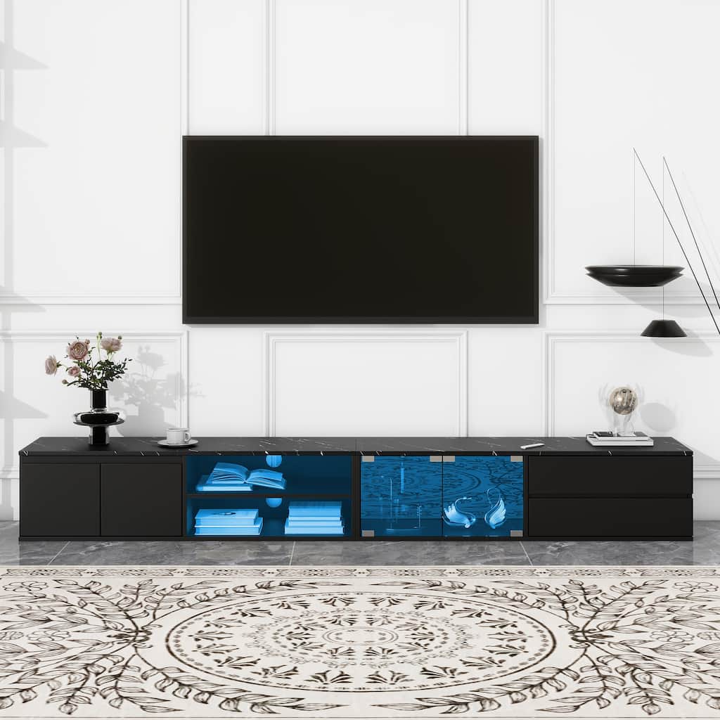LED TV Stand for 90+ Inch TVs, Faux Marble Media Console with Glass Doors