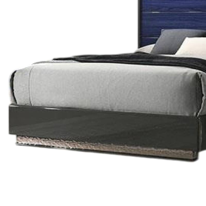 Cote Queen Bed, Slat Panel Headboard, Ash Gray and Indigo Blue Wood