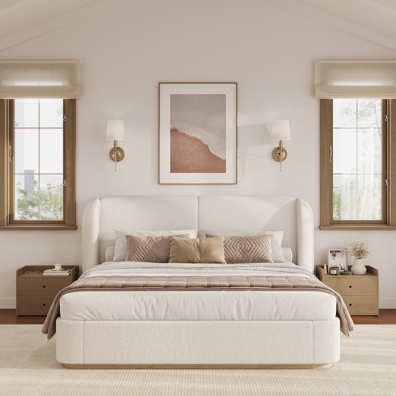 Christopher Knight Home - Valerian Boucle Upholstered Platform Bed with Double-Pillow Headboard