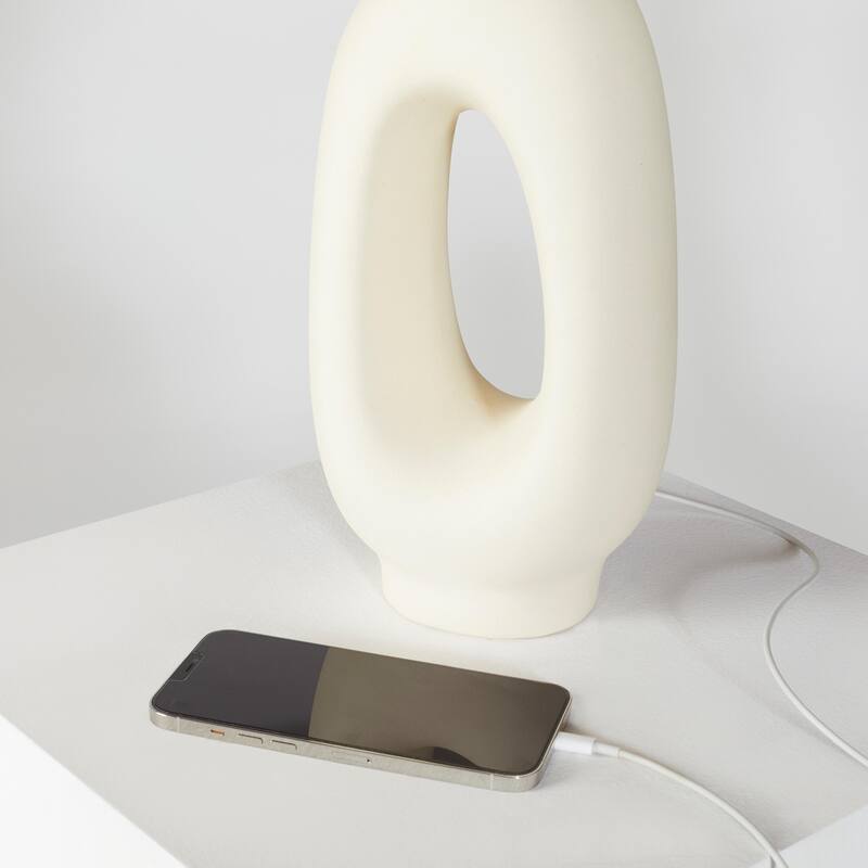 Brightech Artemis 22" Beige/Cream Standard Traditional LED Super Bright Table Lamp with Linen Drum Shade & Built-In USB-C Port