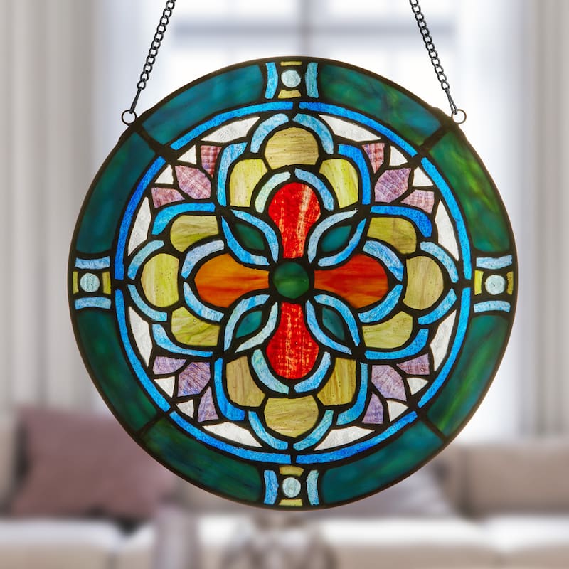 Geometric River of Goods Teal and Yellow Tiffany-Style Stained Glass Round Window Panel - 12" x 0.25" x 12"