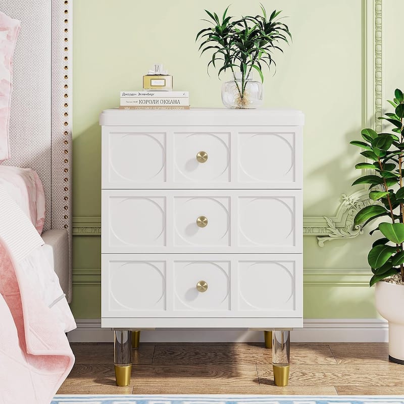 Nightstand Bedside Table with 3 Drawers, Bedroom Tall Night Stands Sofa End Table with Storage for Bedroom, Living Room - White