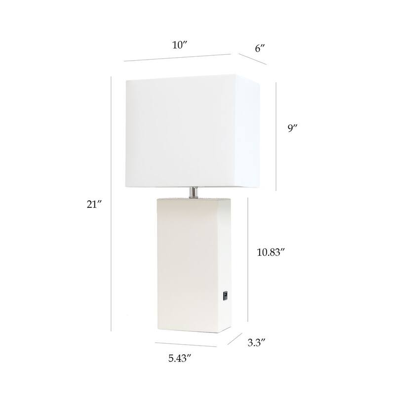 Modern Leather Table Lamp with USB and White Fabric Shade